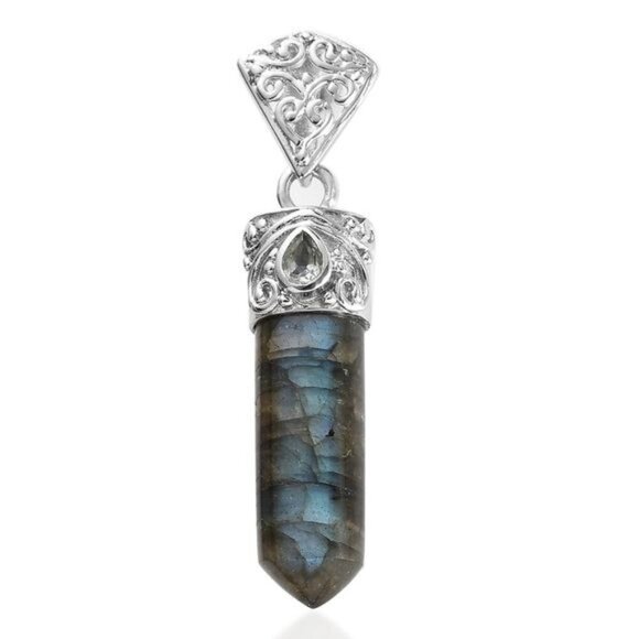 Malagasy Labradorite & Sky Blue Topaz Pendant – Platinum Over Copper 15.9 CTW - Picture 8 of 14